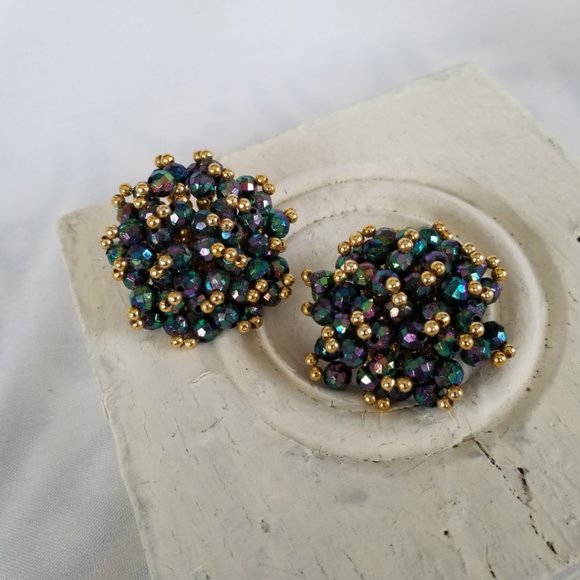Vintage AB Crystal Rhinestone Clip On Earrings - Picture 7 of 12